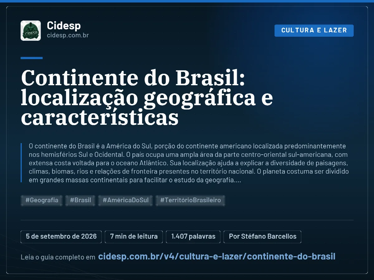Cartão do artigo “Continente do Brasil: localização geográfica e características”, com resumo, data de publicação e endereço da página.