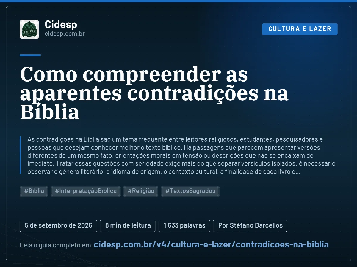 Cartão do artigo “Como compreender as aparentes contradições na Bíblia”, com resumo, data de publicação e endereço da página.