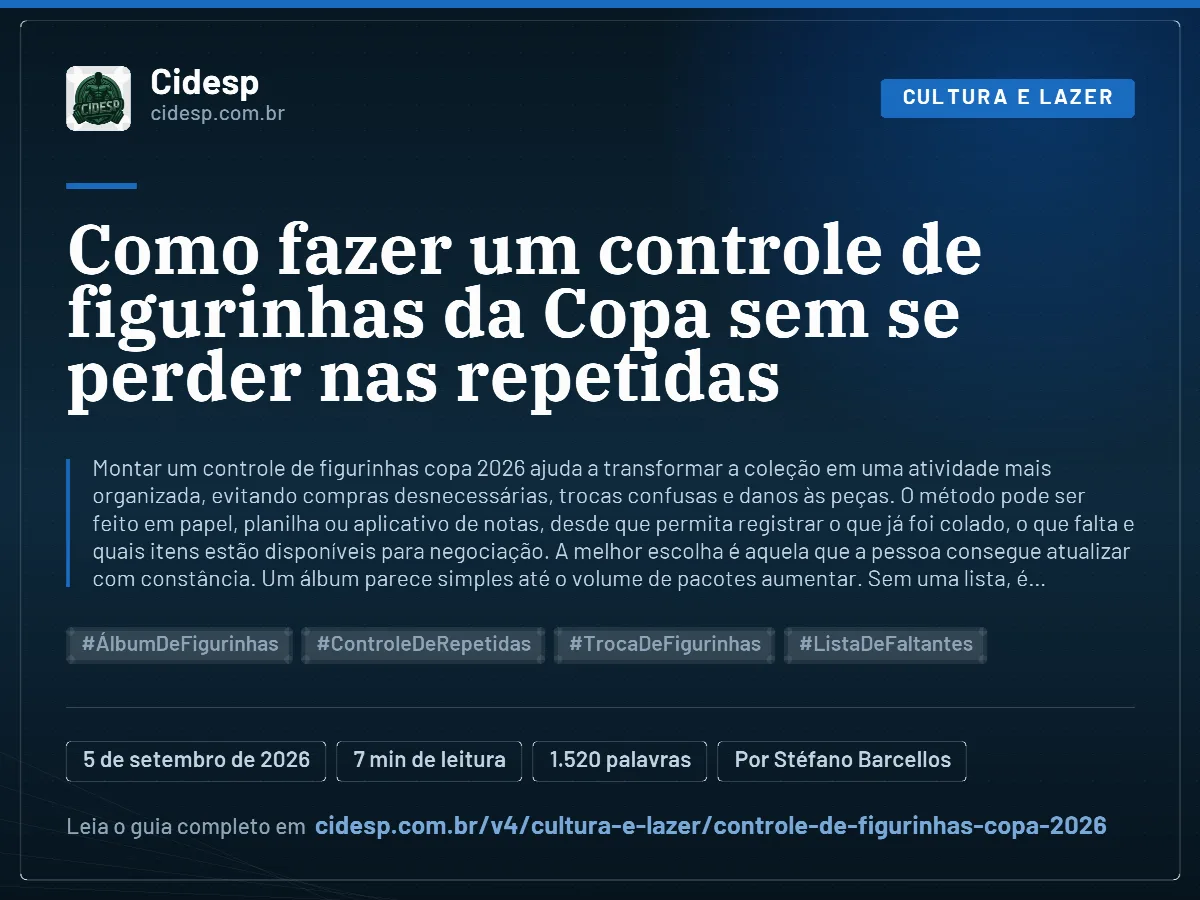 Cartão do artigo “Como fazer um controle de figurinhas da Copa sem se perder nas repetidas”, com resumo, data de publicação e endereço da página.