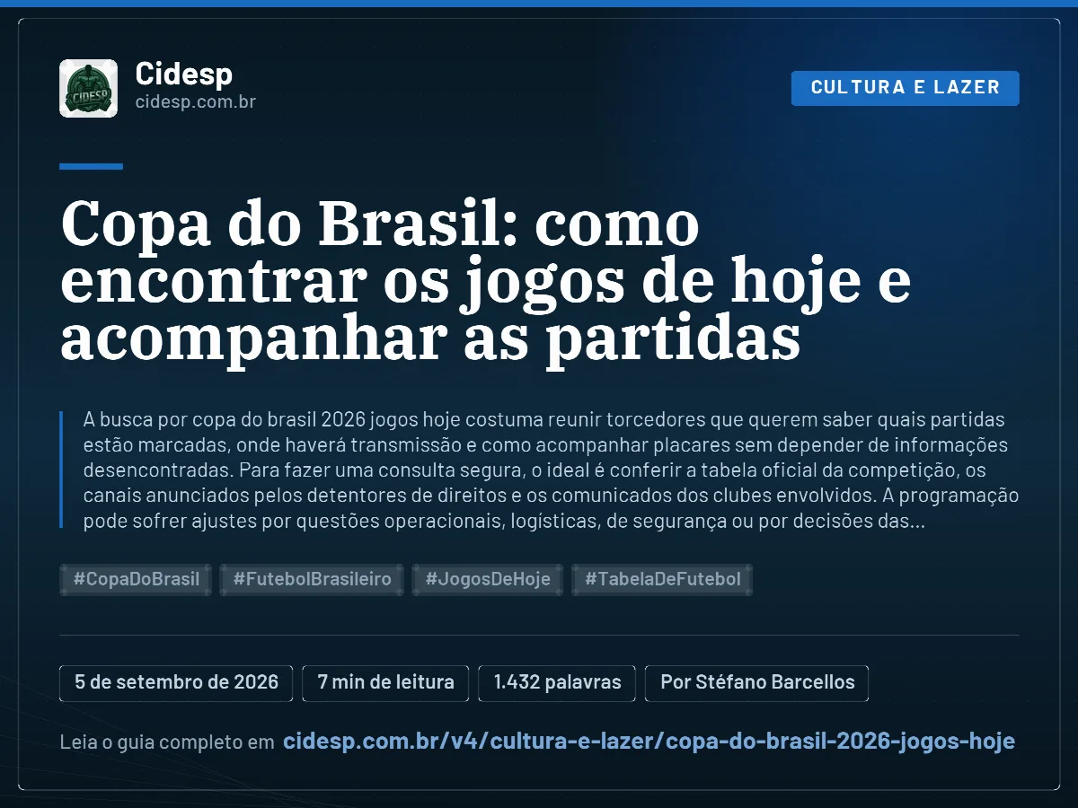 Cartão do artigo “Copa do Brasil: como encontrar os jogos de hoje e acompanhar as partidas”, com resumo, data de publicação e endereço da página.