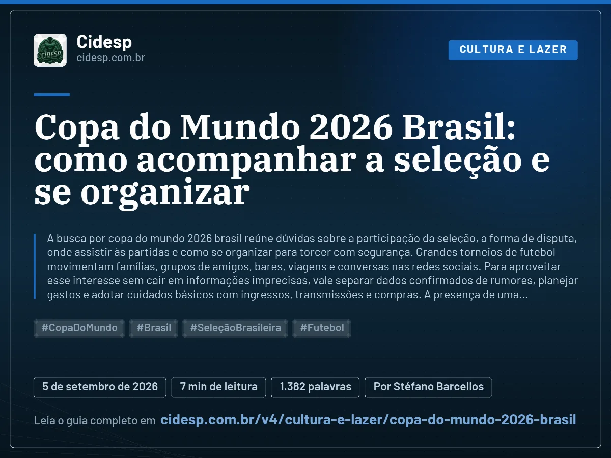 Cartão do artigo “Copa do Mundo 2026 Brasil: como acompanhar a seleção e se organizar”, com resumo, data de publicação e endereço da página.