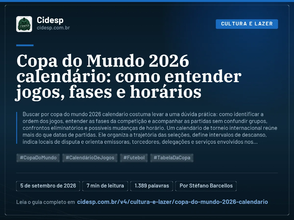 Cartão do artigo “Copa do Mundo 2026 calendário: como entender jogos, fases e horários”, com resumo, data de publicação e endereço da página.