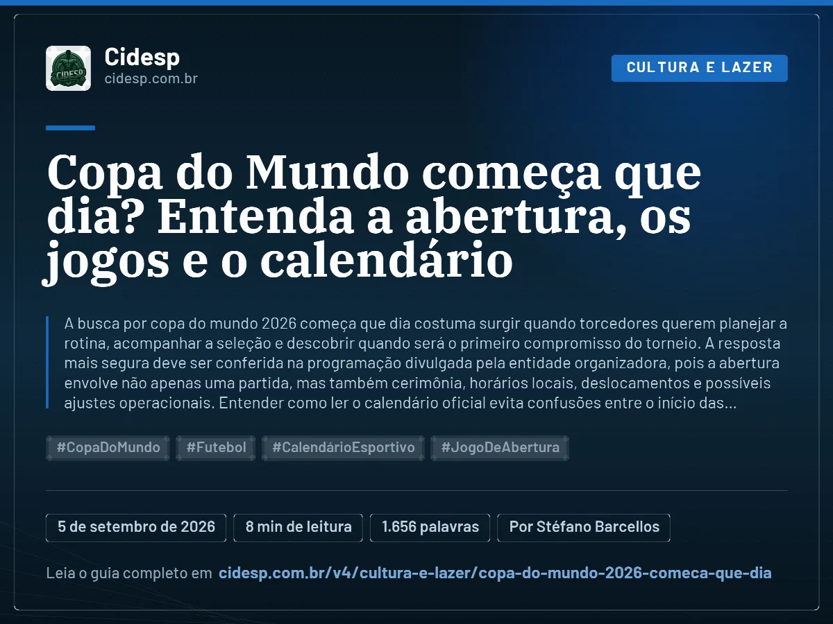 Cartão do artigo “Copa do Mundo começa que dia? Entenda a abertura, os jogos e o calendário”, com resumo, data de publicação e endereço da página.