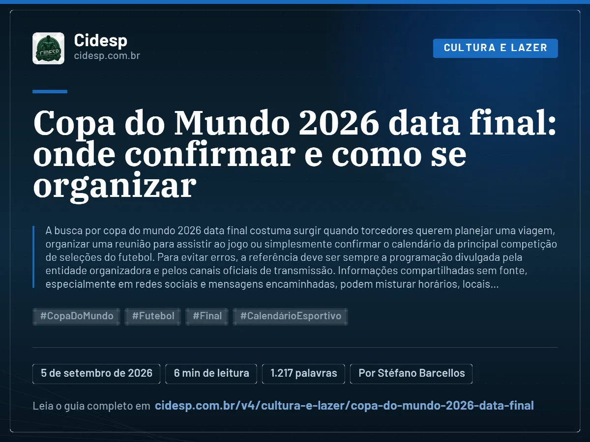 Cartão do artigo “Copa do Mundo 2026 data final: onde confirmar e como se organizar”, com resumo, data de publicação e endereço da página.