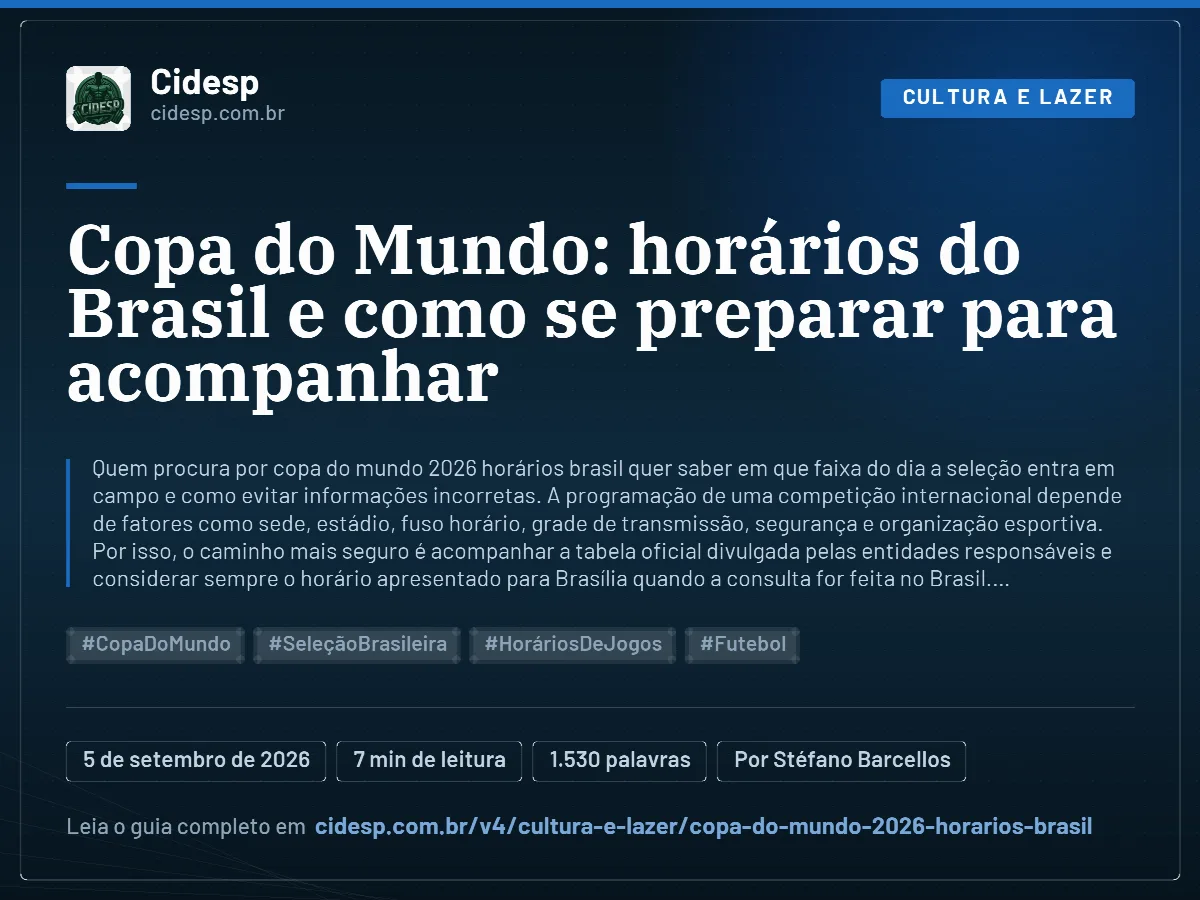 Cartão do artigo “Copa do Mundo: horários do Brasil e como se preparar para acompanhar”, com resumo, data de publicação e endereço da página.