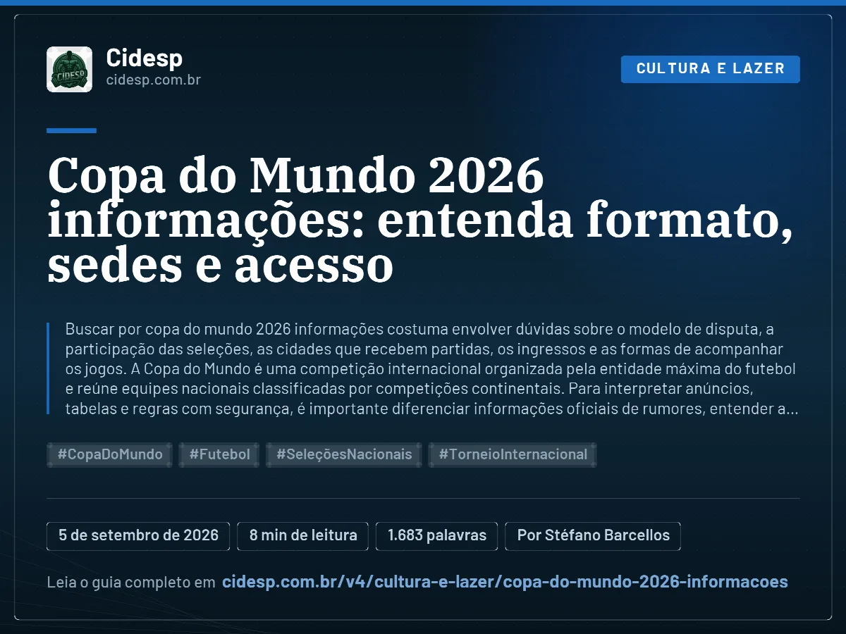 Cartão do artigo “Copa do Mundo 2026 informações: entenda formato, sedes e acesso”, com resumo, data de publicação e endereço da página.