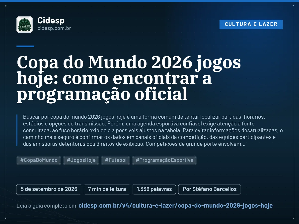Cartão do artigo “Copa do Mundo 2026 jogos hoje: como encontrar a programação oficial”, com resumo, data de publicação e endereço da página.