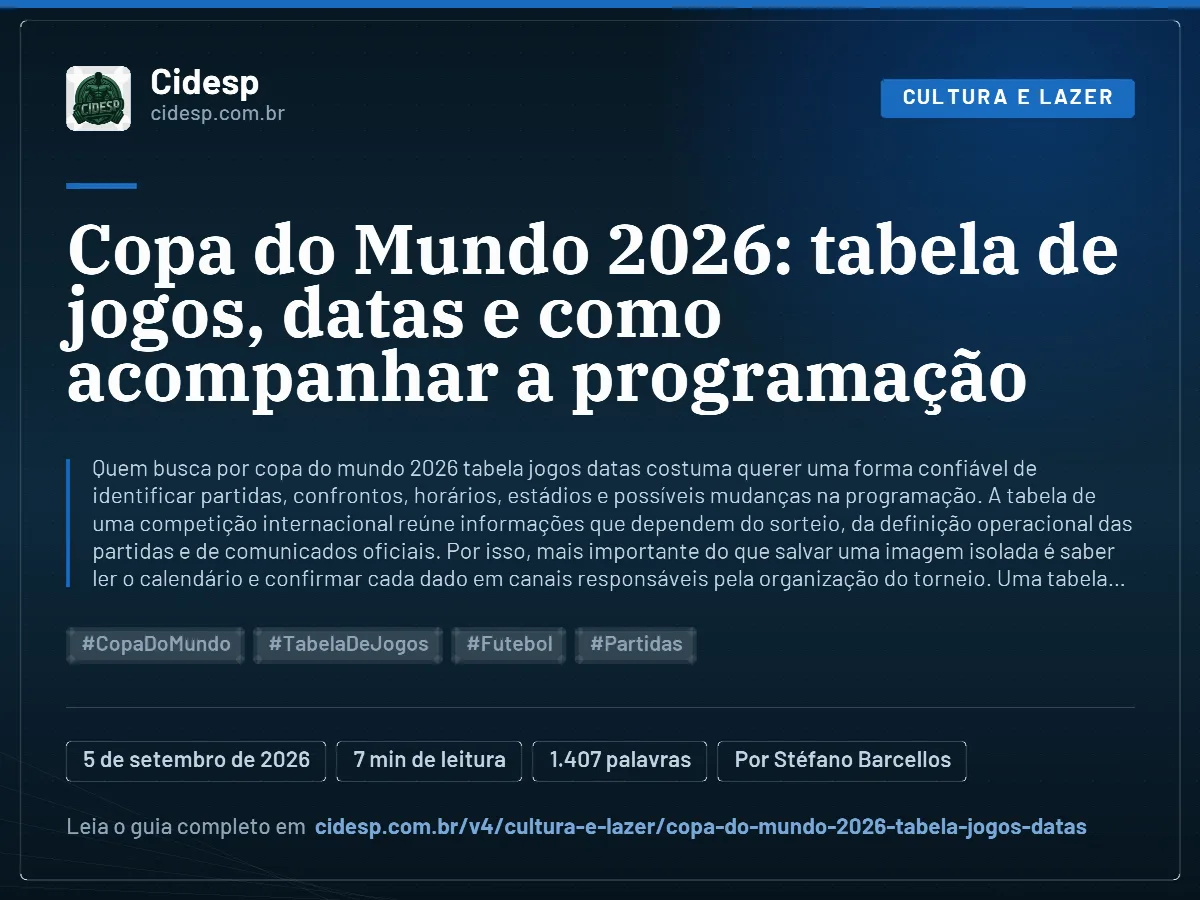 Cartão do artigo “Copa do Mundo 2026: tabela de jogos, datas e como acompanhar a programação”, com resumo, data de publicação e endereço da página.