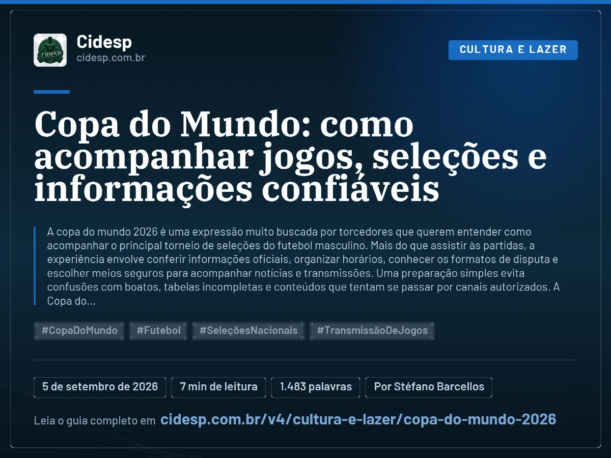 Cartão do artigo “Copa do Mundo: como acompanhar jogos, seleções e informações confiáveis”, com resumo, data de publicação e endereço da página.