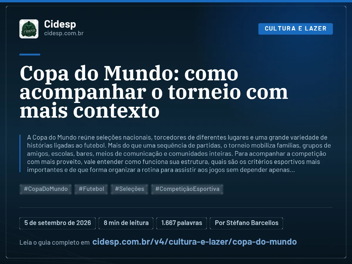 Cartão do artigo “Copa do Mundo: como acompanhar o torneio com mais contexto”, com resumo, data de publicação e endereço da página.