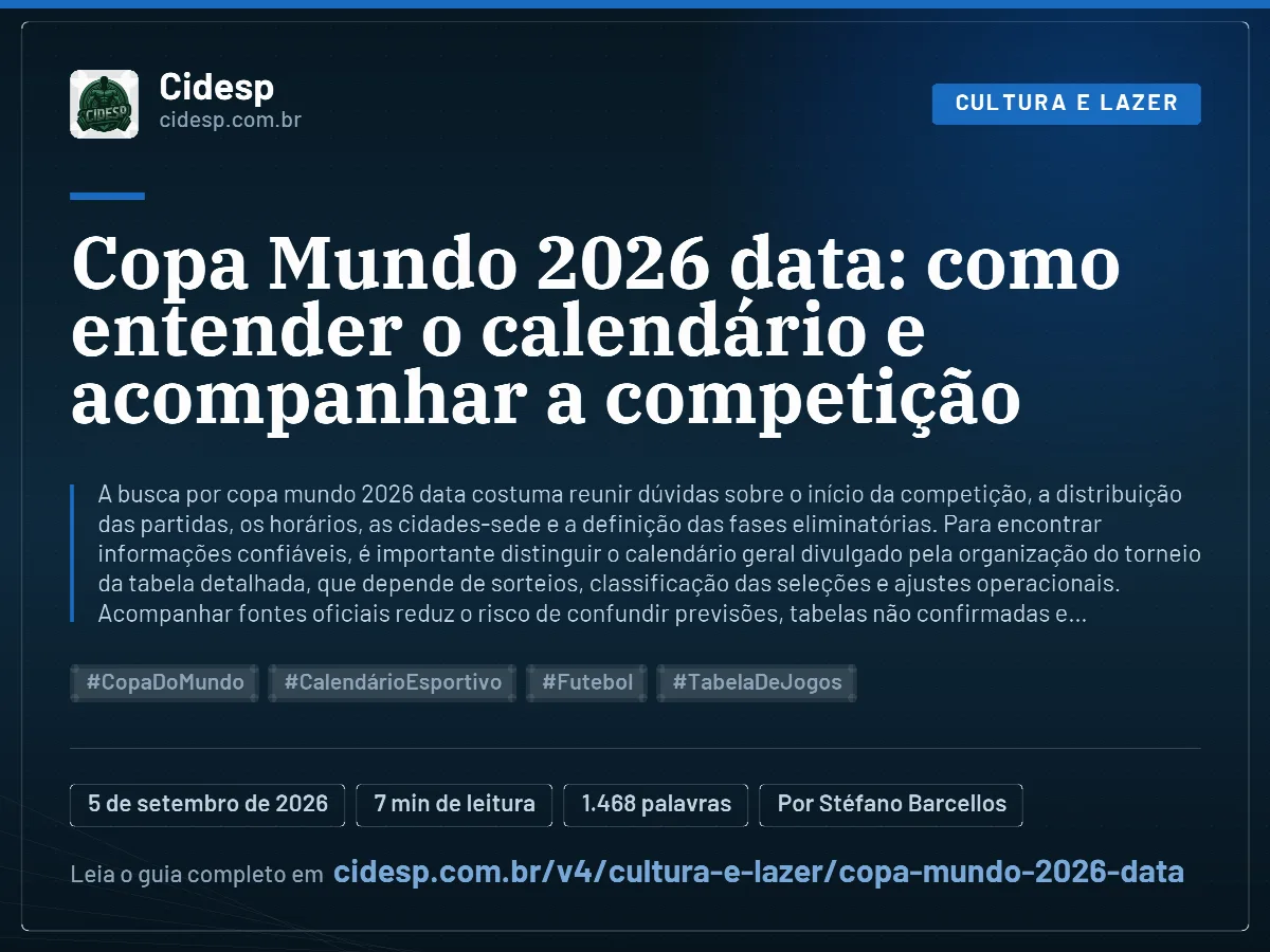 Cartão do artigo “Copa Mundo 2026 data: como entender o calendário e acompanhar a competição”, com resumo, data de publicação e endereço da página.