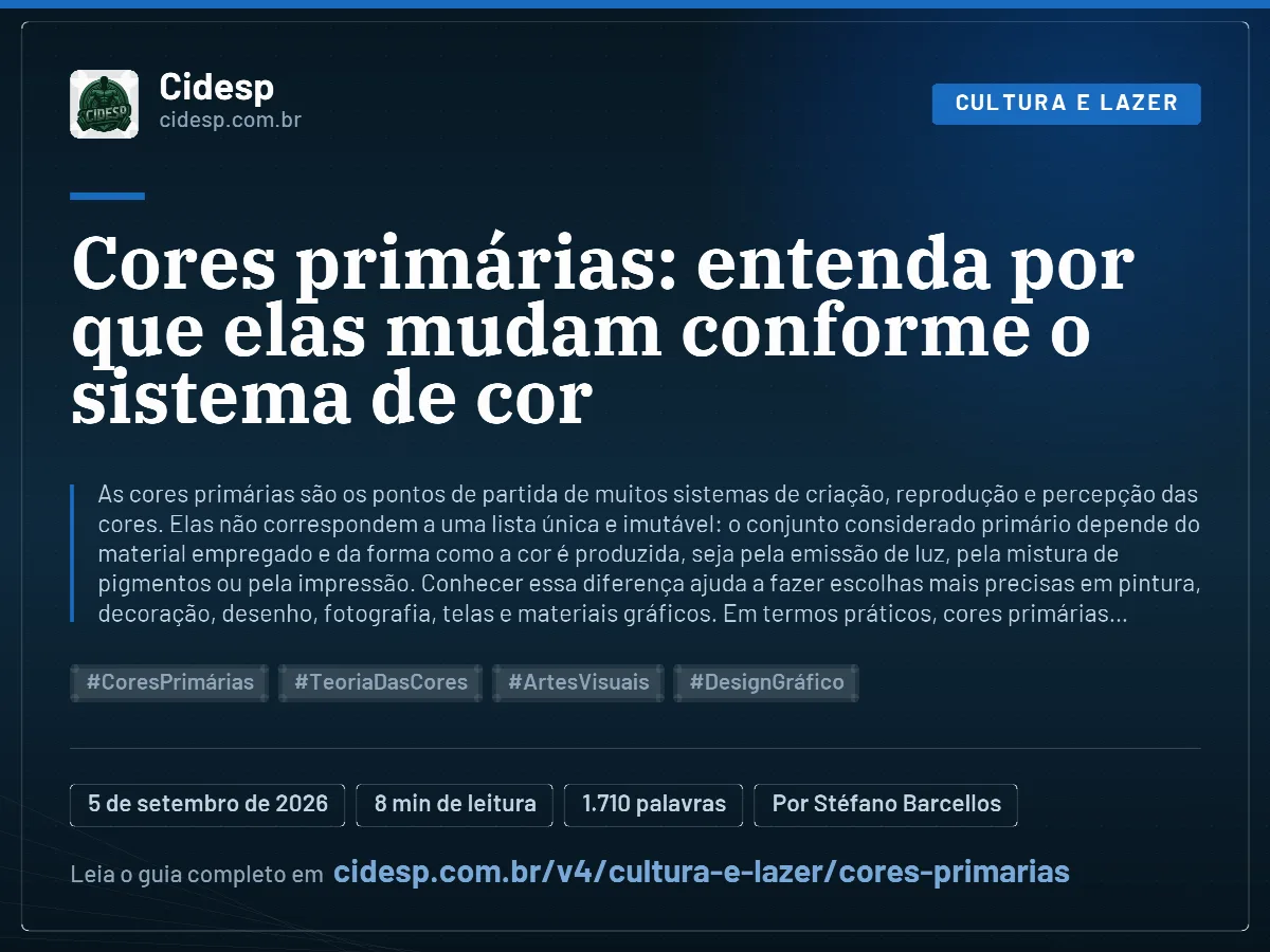 Cartão do artigo “Cores primárias: entenda por que elas mudam conforme o sistema de cor”, com resumo, data de publicação e endereço da página.