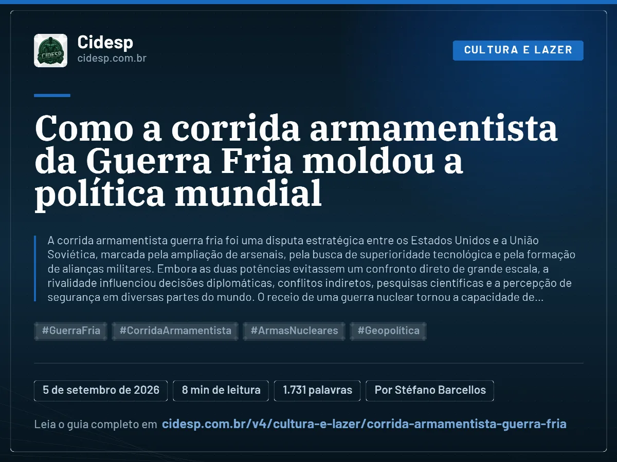 Cartão do artigo “Como a corrida armamentista da Guerra Fria moldou a política mundial”, com resumo, data de publicação e endereço da página.