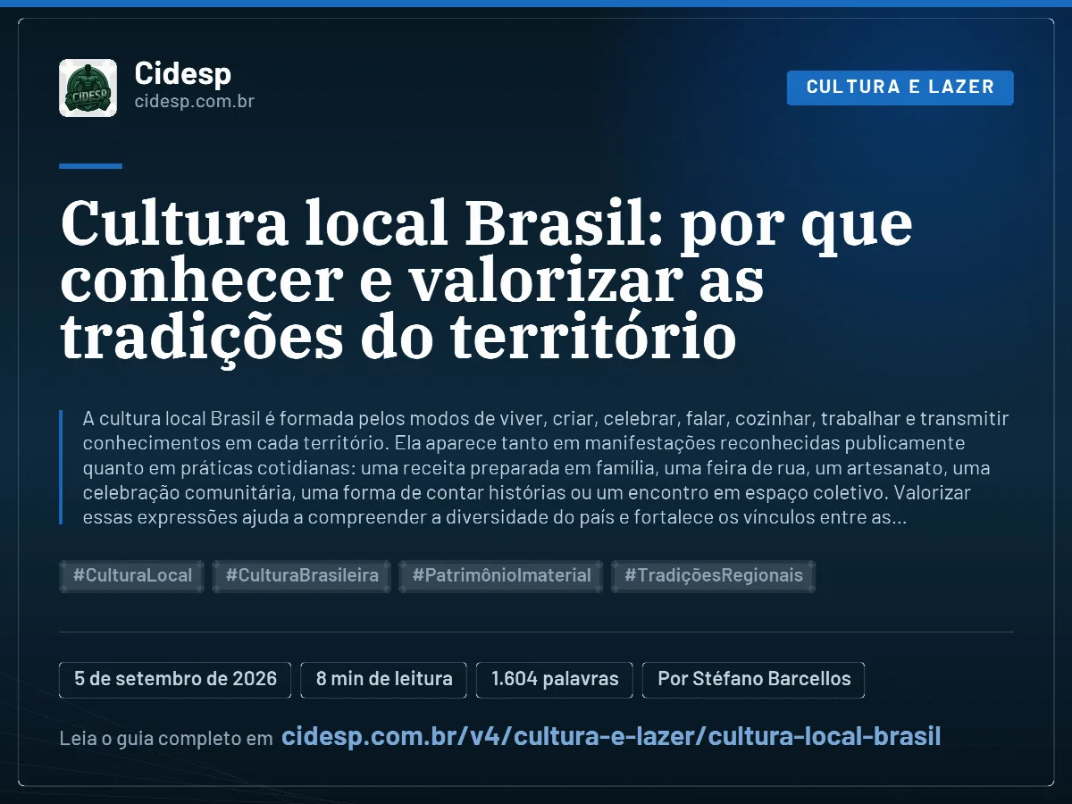 Cartão do artigo “Cultura local Brasil: por que conhecer e valorizar as tradições do território”, com resumo, data de publicação e endereço da página.