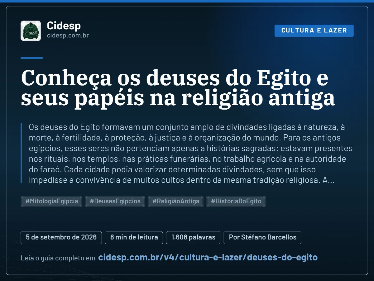 Cartão do artigo “Conheça os deuses do Egito e seus papéis na religião antiga”, com resumo, data de publicação e endereço da página.