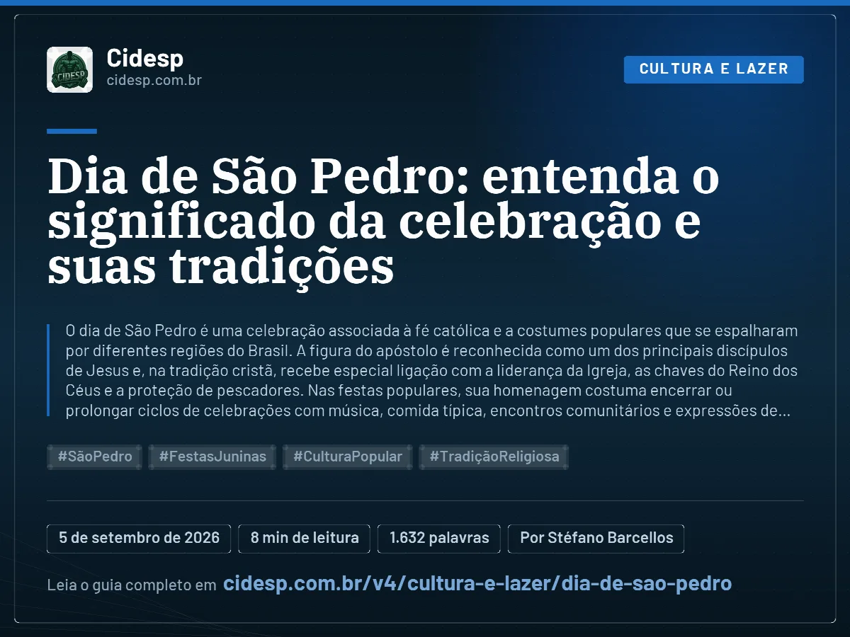 Cartão do artigo “Dia de São Pedro: entenda o significado da celebração e suas tradições”, com resumo, data de publicação e endereço da página.