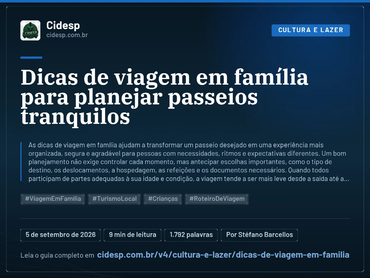 Cartão do artigo “Dicas de viagem em família para planejar passeios tranquilos”, com resumo, data de publicação e endereço da página.