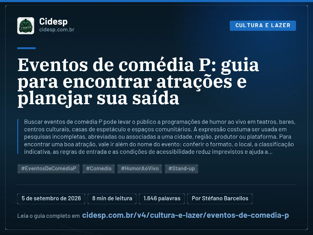 Cartão do artigo “Eventos de comédia P: guia para encontrar atrações e planejar sua saída”, com resumo, data de publicação e endereço da página.
