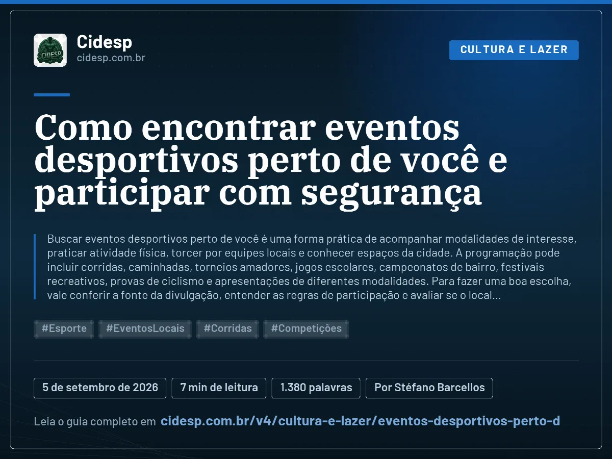 Cartão do artigo “Como encontrar eventos desportivos perto de você e participar com segurança”, com resumo, data de publicação e endereço da página.