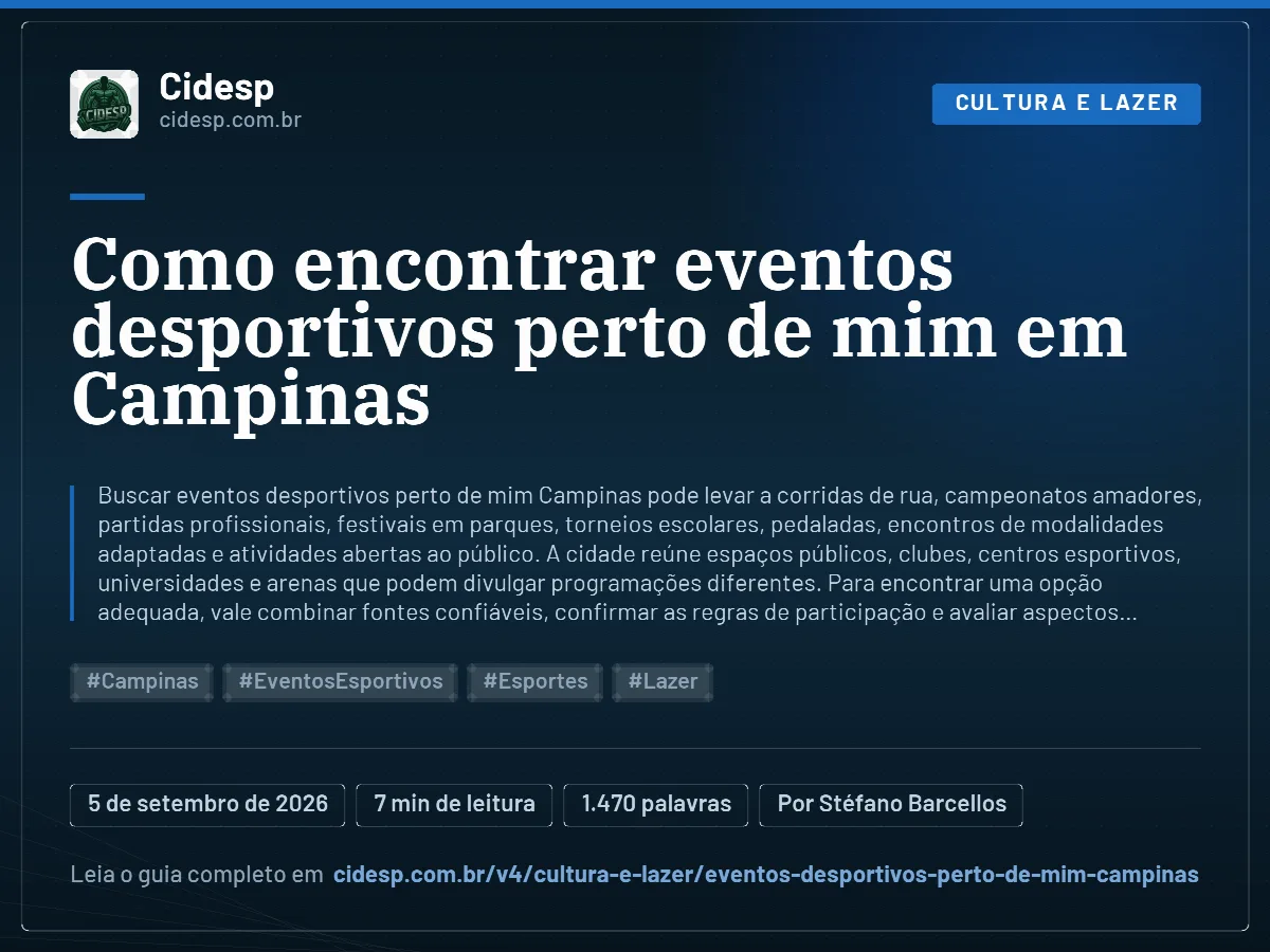 Cartão do artigo “Como encontrar eventos desportivos perto de mim em Campinas”, com resumo, data de publicação e endereço da página.