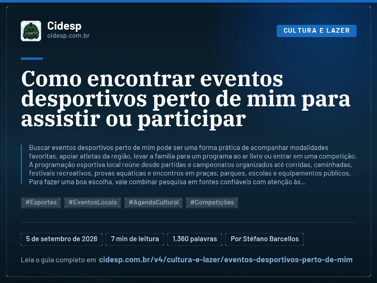 Cartão do artigo “Como encontrar eventos desportivos perto de mim para assistir ou participar”, com resumo, data de publicação e endereço da página.