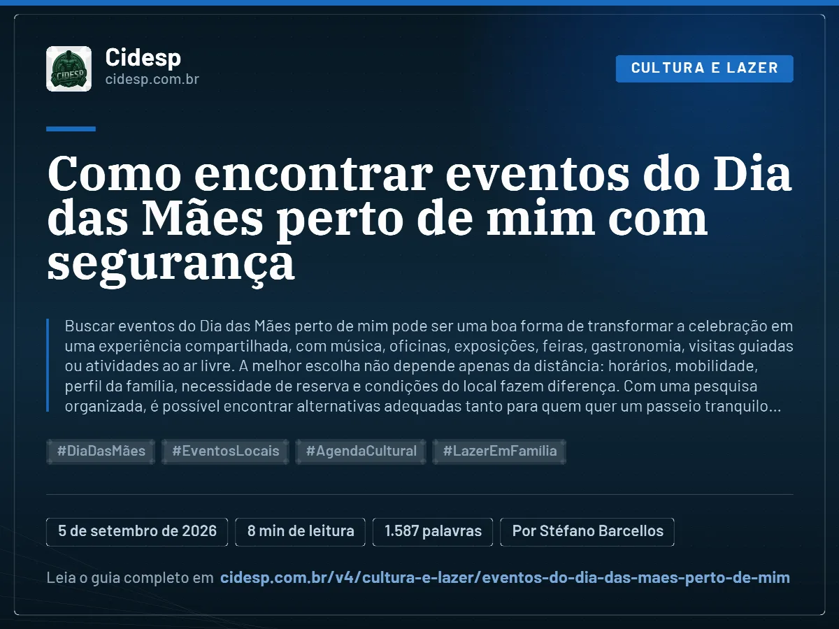 Cartão do artigo “Como encontrar eventos do Dia das Mães perto de mim com segurança”, com resumo, data de publicação e endereço da página.
