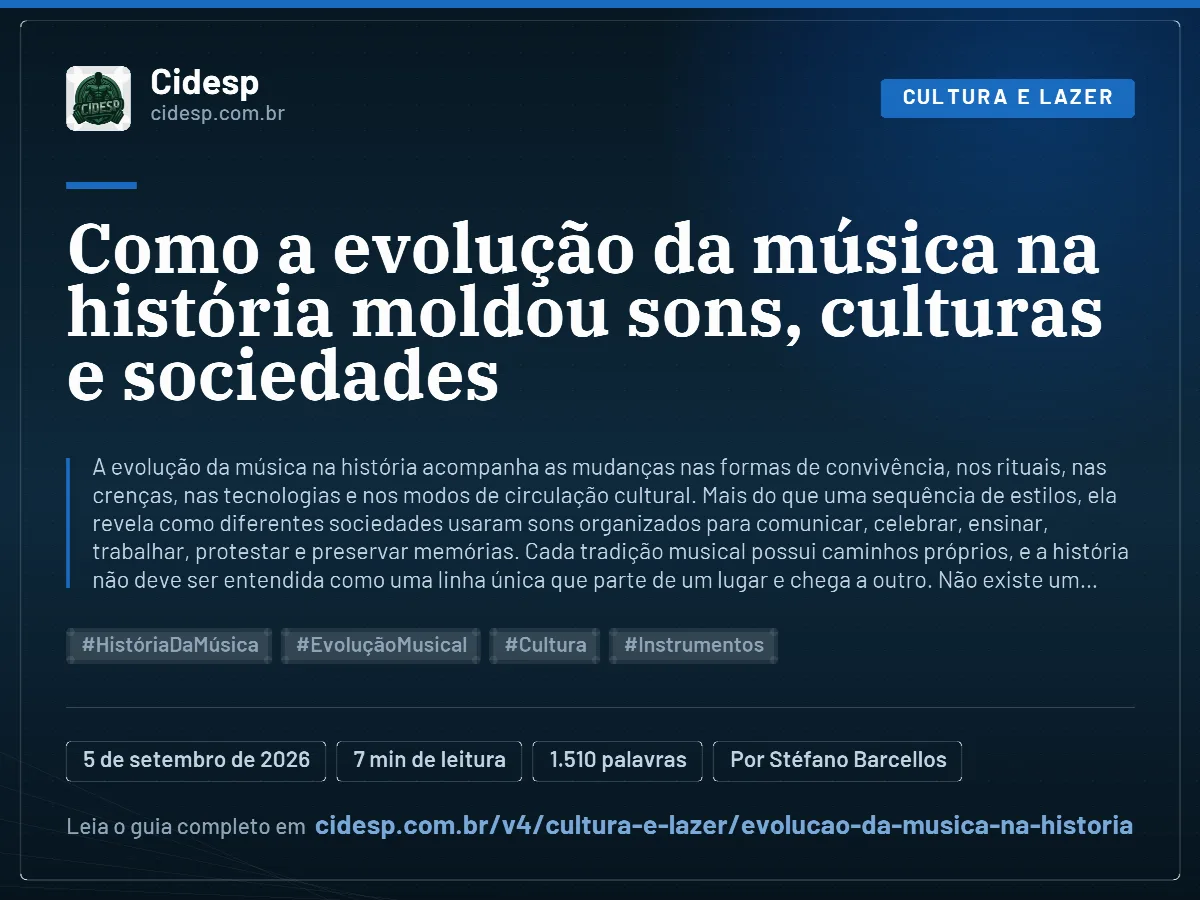 Cartão do artigo “Como a evolução da música na história moldou sons, culturas e sociedades”, com resumo, data de publicação e endereço da página.