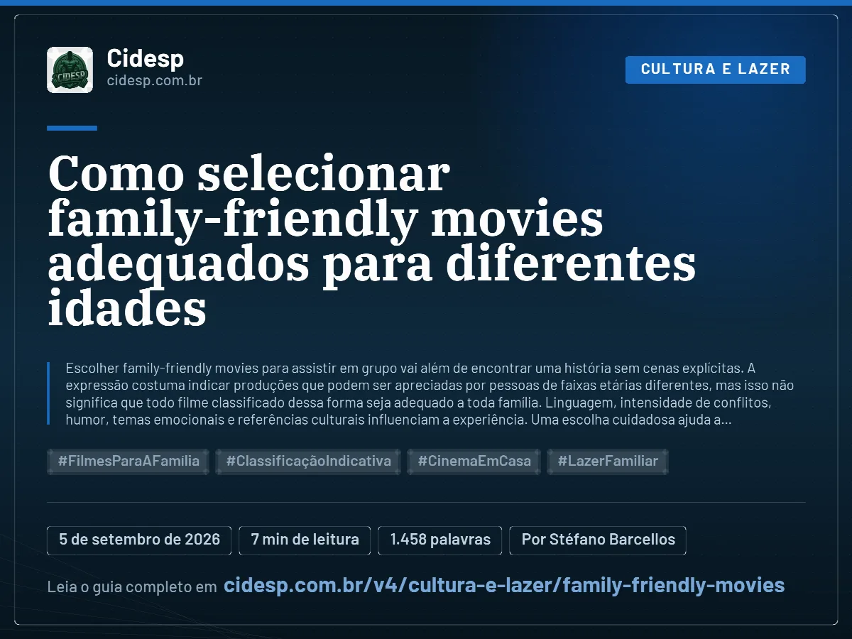 Cartão do artigo “Como selecionar family-friendly movies adequados para diferentes idades”, com resumo, data de publicação e endereço da página.
