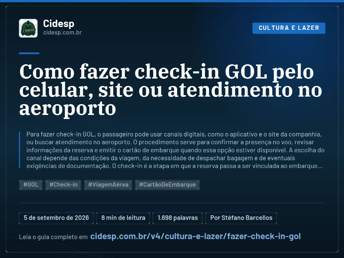 Cartão do artigo “Como fazer check-in GOL pelo celular, site ou atendimento no aeroporto”, com resumo, data de publicação e endereço da página.