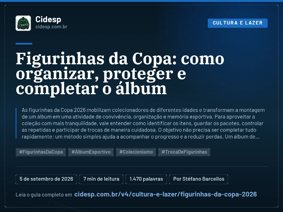 Cartão do artigo “Figurinhas da Copa: como organizar, proteger e completar o álbum”, com resumo, data de publicação e endereço da página.