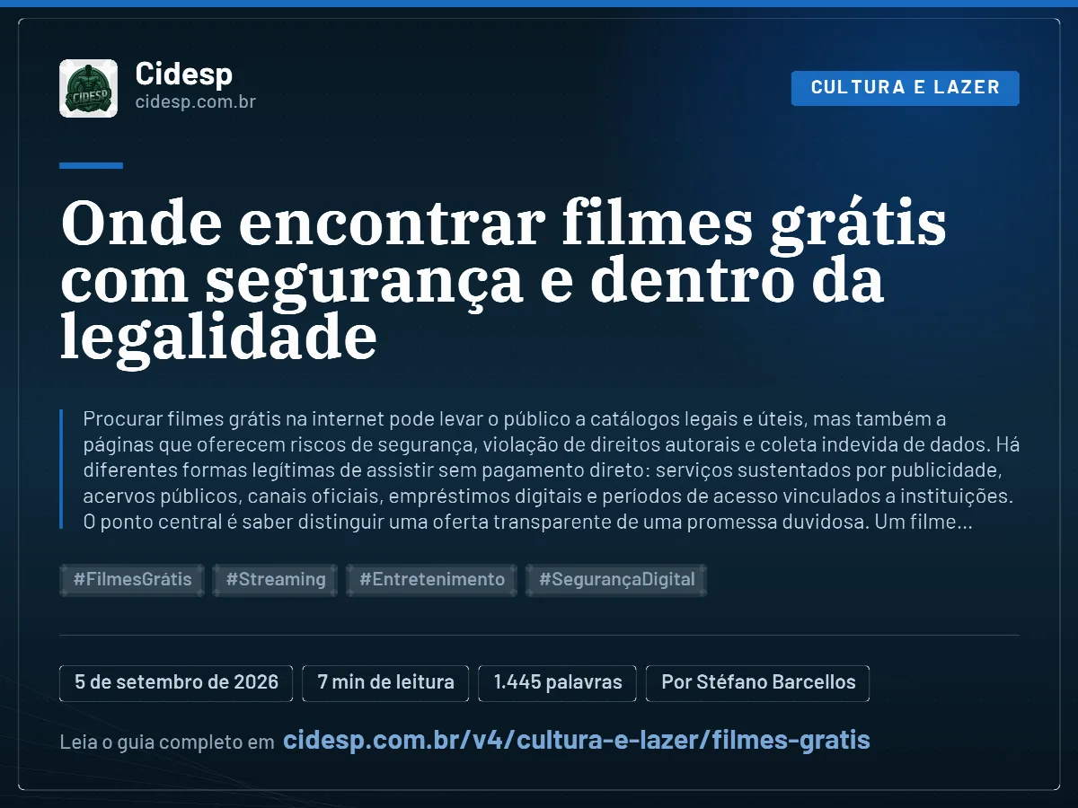 Cartão do artigo “Onde encontrar filmes grátis com segurança e dentro da legalidade”, com resumo, data de publicação e endereço da página.