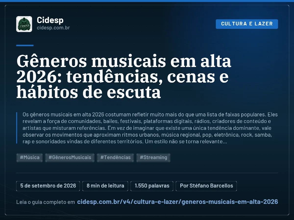 Cartão do artigo “Gêneros musicais em alta 2026: tendências, cenas e hábitos de escuta”, com resumo, data de publicação e endereço da página.