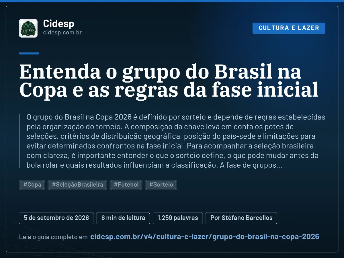 Cartão do artigo “Entenda o grupo do Brasil na Copa e as regras da fase inicial”, com resumo, data de publicação e endereço da página.