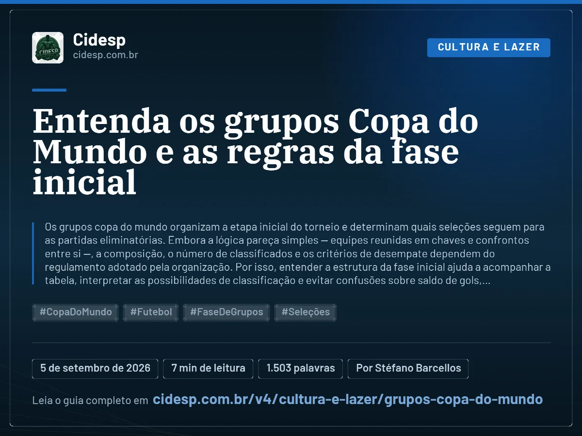 Cartão do artigo “Entenda os grupos Copa do Mundo e as regras da fase inicial”, com resumo, data de publicação e endereço da página.