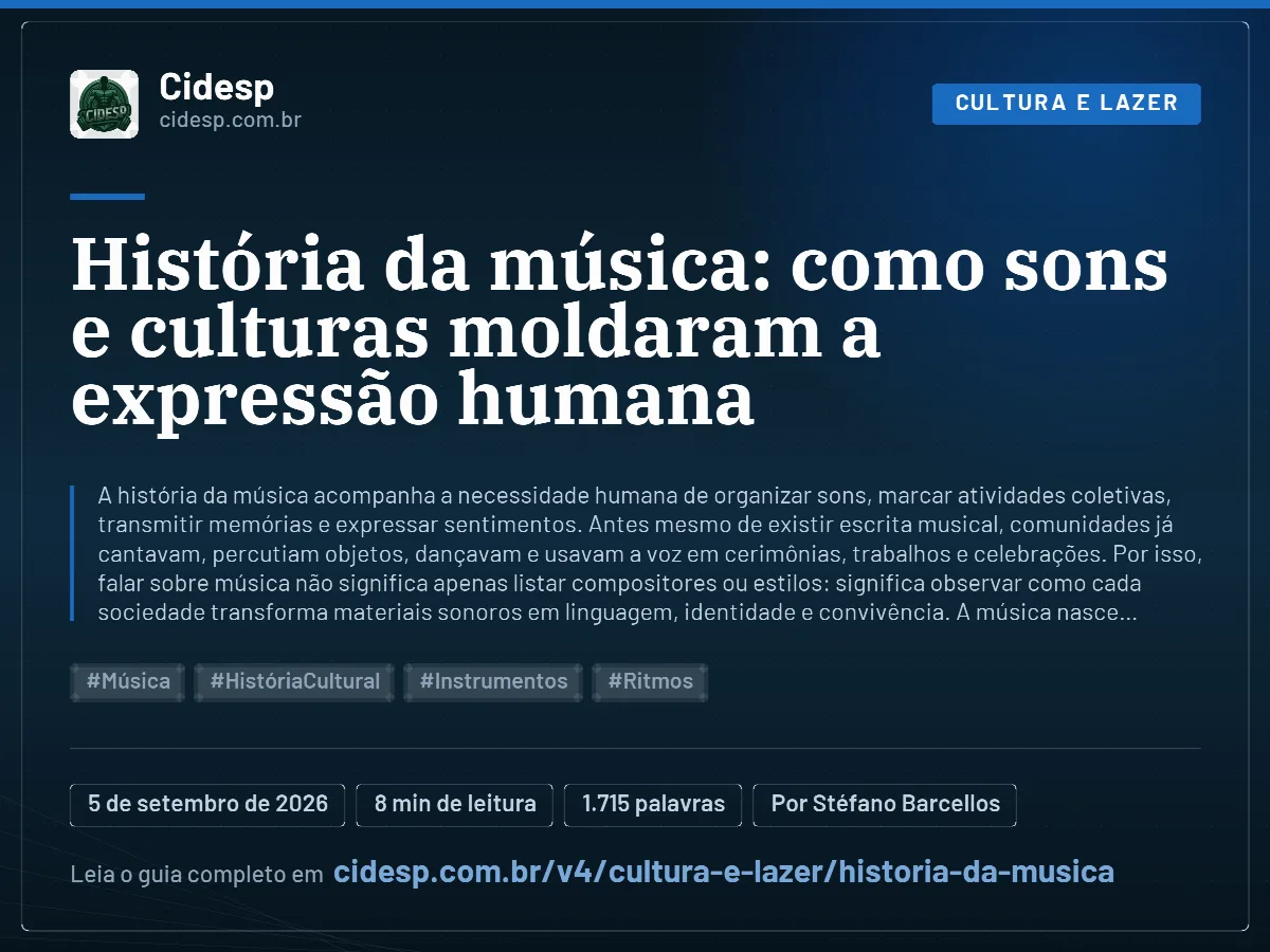 Cartão do artigo “História da música: como sons e culturas moldaram a expressão humana”, com resumo, data de publicação e endereço da página.