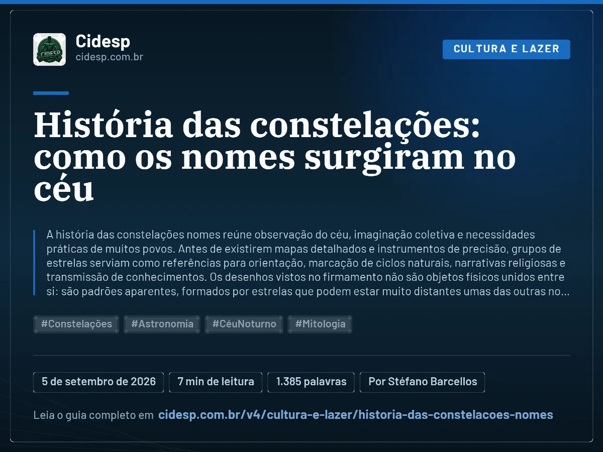 Cartão do artigo “História das constelações: como os nomes surgiram no céu”, com resumo, data de publicação e endereço da página.