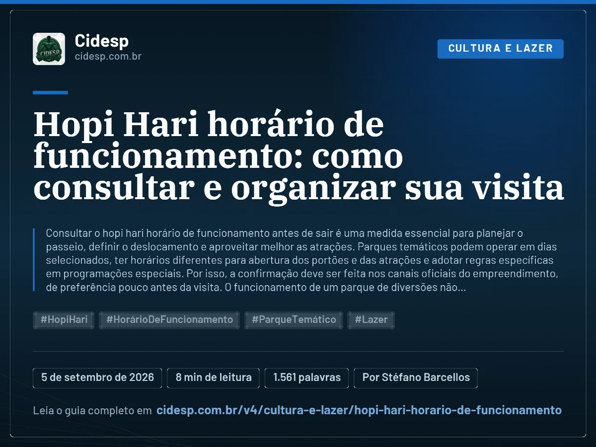 Cartão do artigo “Hopi Hari horário de funcionamento: como consultar e organizar sua visita”, com resumo, data de publicação e endereço da página.
