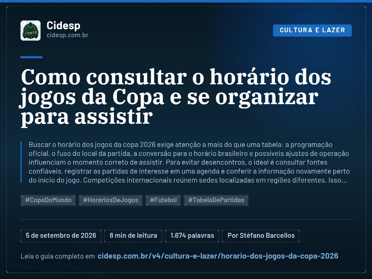 Cartão do artigo “Como consultar o horário dos jogos da Copa e se organizar para assistir”, com resumo, data de publicação e endereço da página.