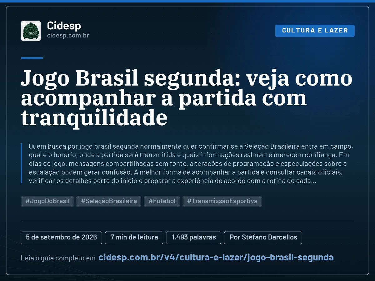Cartão do artigo “Jogo Brasil segunda: veja como acompanhar a partida com tranquilidade”, com resumo, data de publicação e endereço da página.