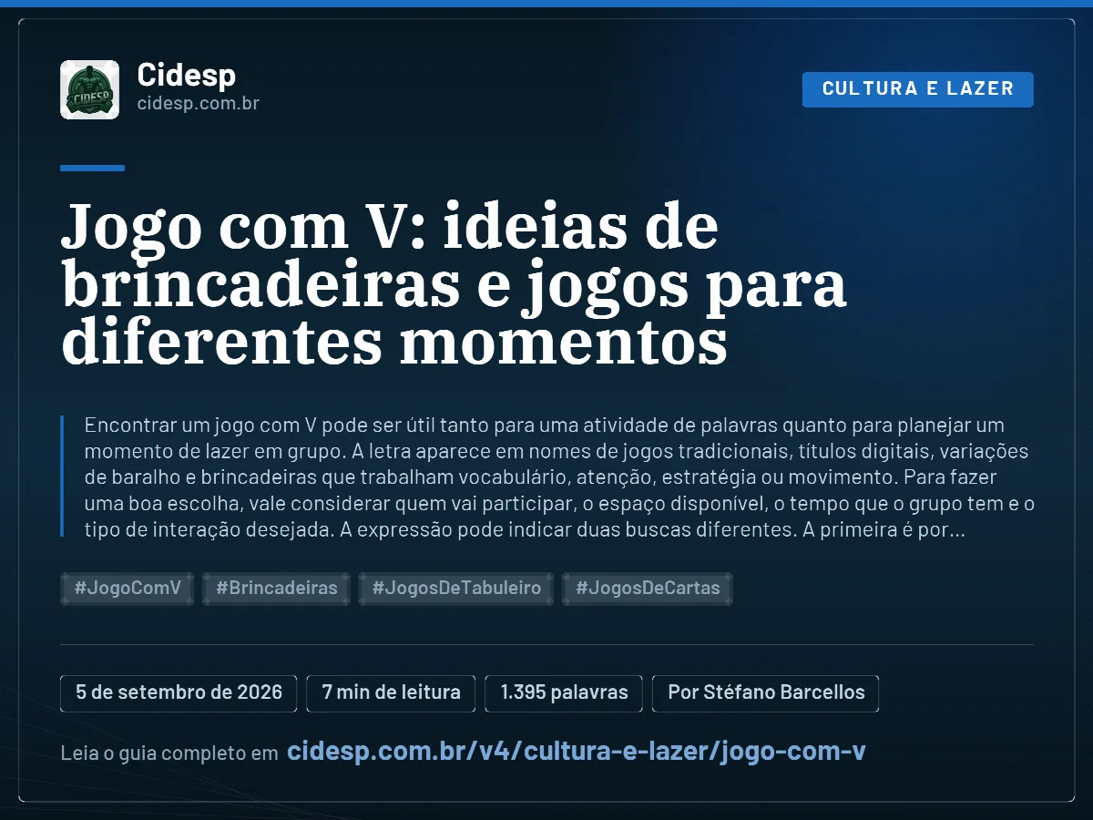 Cartão do artigo “Jogo com V: ideias de brincadeiras e jogos para diferentes momentos”, com resumo, data de publicação e endereço da página.