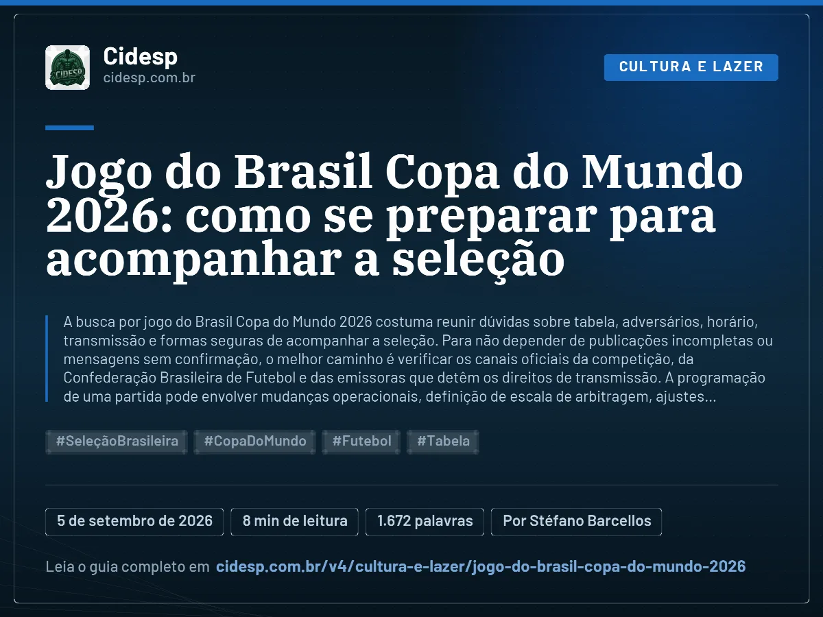 Cartão do artigo “Jogo do Brasil Copa do Mundo 2026: como se preparar para acompanhar a seleção”, com resumo, data de publicação e endereço da página.