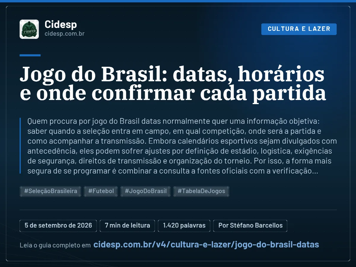 Cartão do artigo “Jogo do Brasil: datas, horários e onde confirmar cada partida”, com resumo, data de publicação e endereço da página.