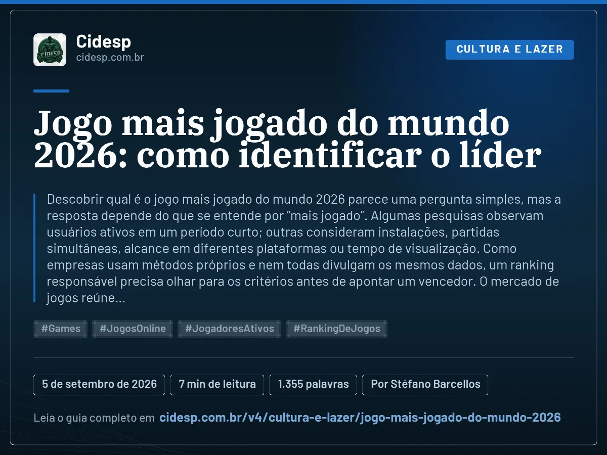 Cartão do artigo “Jogo mais jogado do mundo 2026: como identificar o líder”, com resumo, data de publicação e endereço da página.