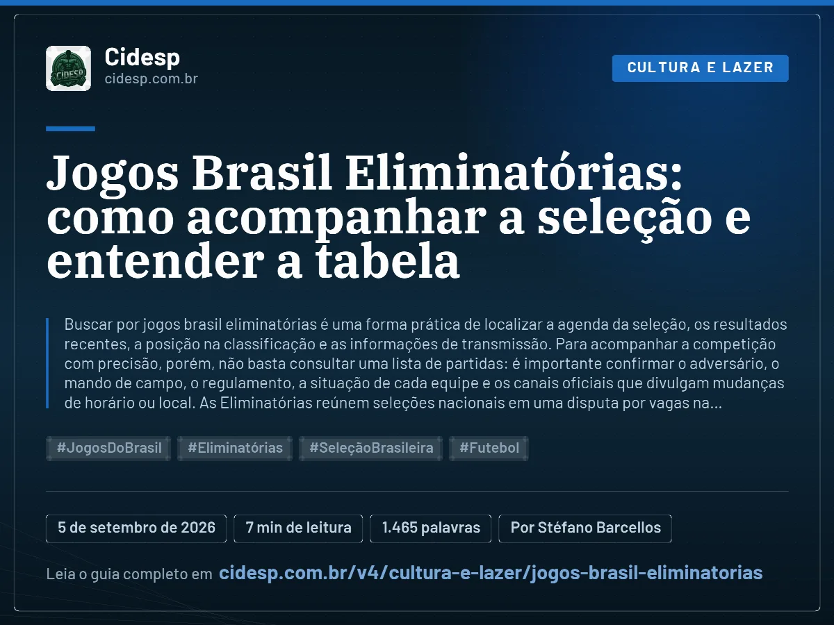 Cartão do artigo “Jogos Brasil Eliminatórias: como acompanhar a seleção e entender a tabela”, com resumo, data de publicação e endereço da página.