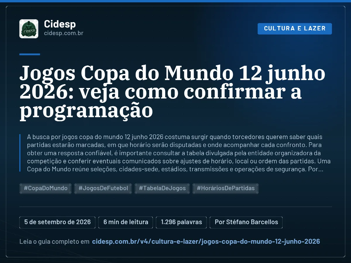Cartão do artigo “Jogos Copa do Mundo 12 junho 2026: veja como confirmar a programação”, com resumo, data de publicação e endereço da página.