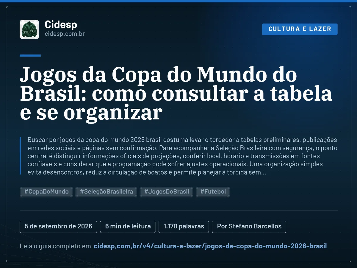 Cartão do artigo “Jogos da Copa do Mundo do Brasil: como consultar a tabela e se organizar”, com resumo, data de publicação e endereço da página.