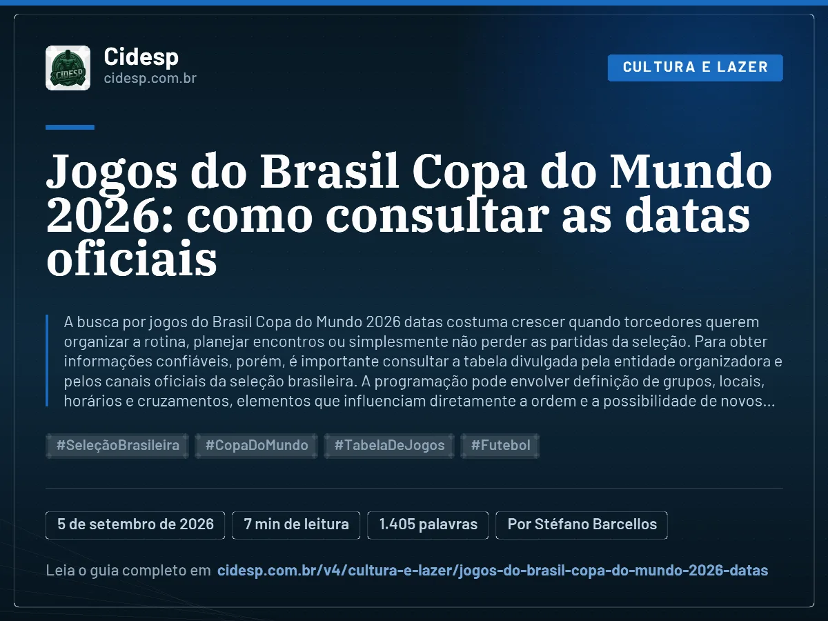 Cartão do artigo “Jogos do Brasil Copa do Mundo 2026: como consultar as datas oficiais”, com resumo, data de publicação e endereço da página.
