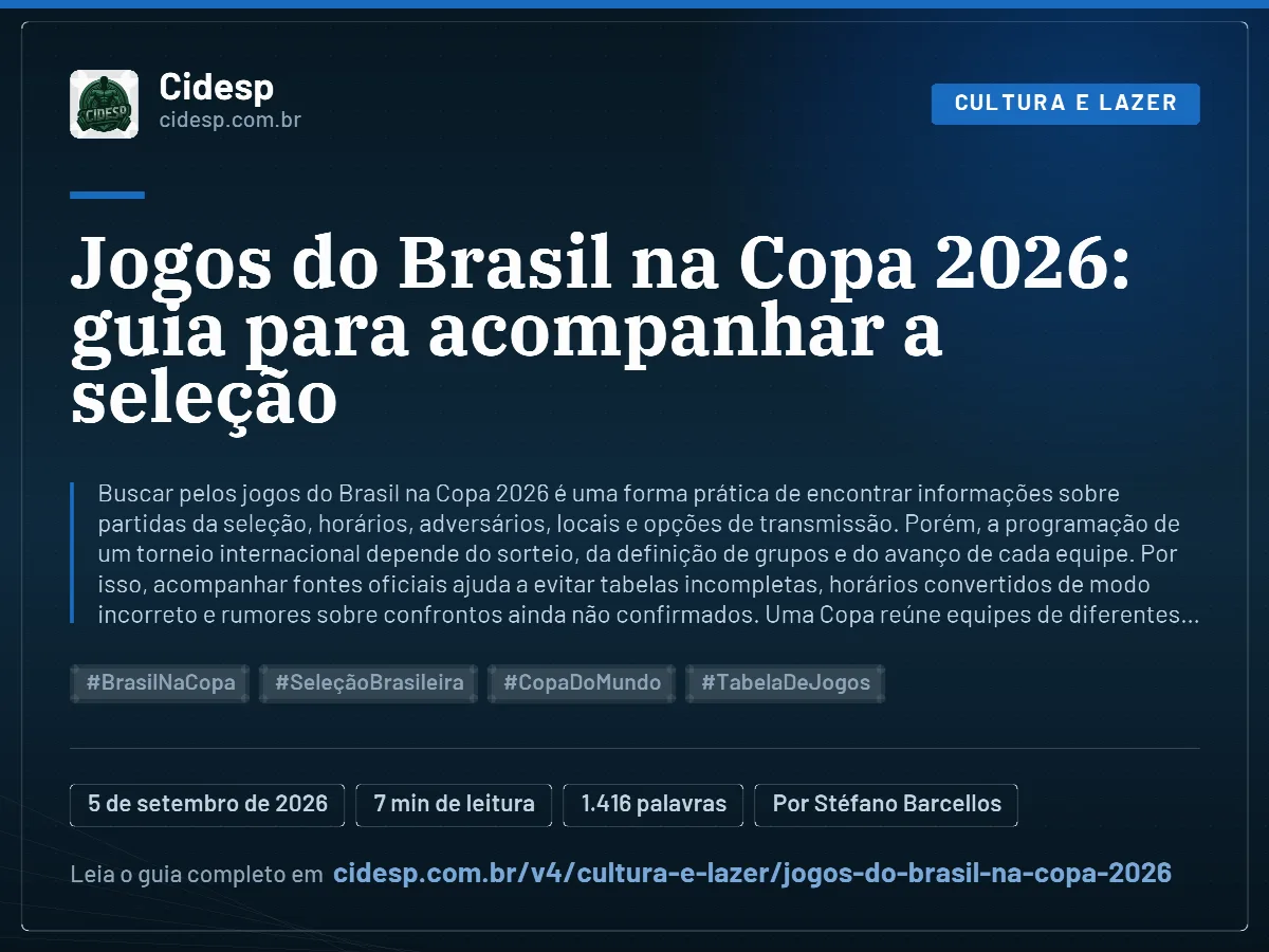 Cartão do artigo “Jogos do Brasil na Copa 2026: guia para acompanhar a seleção”, com resumo, data de publicação e endereço da página.