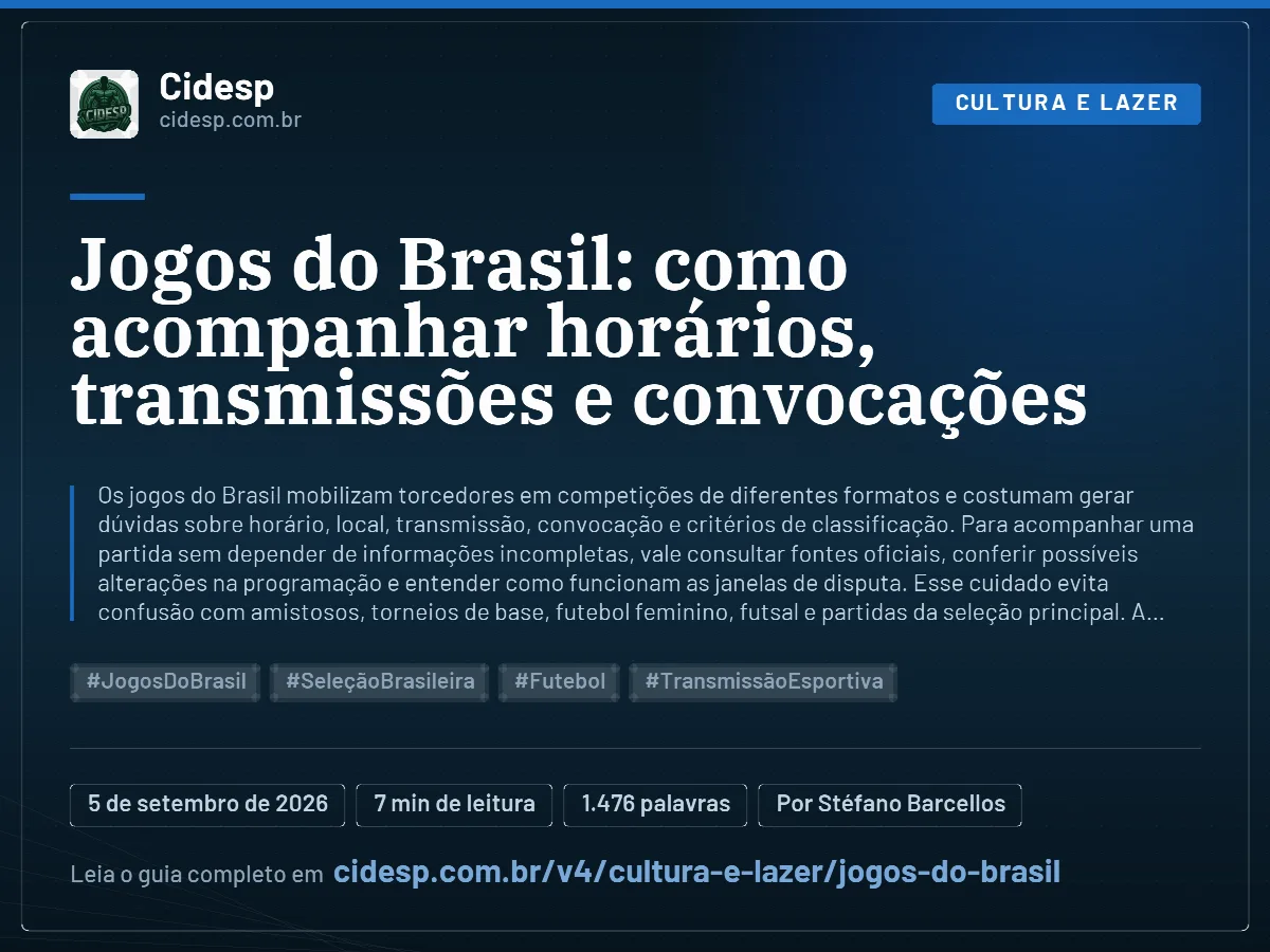 Cartão do artigo “Jogos do Brasil: como acompanhar horários, transmissões e convocações”, com resumo, data de publicação e endereço da página.