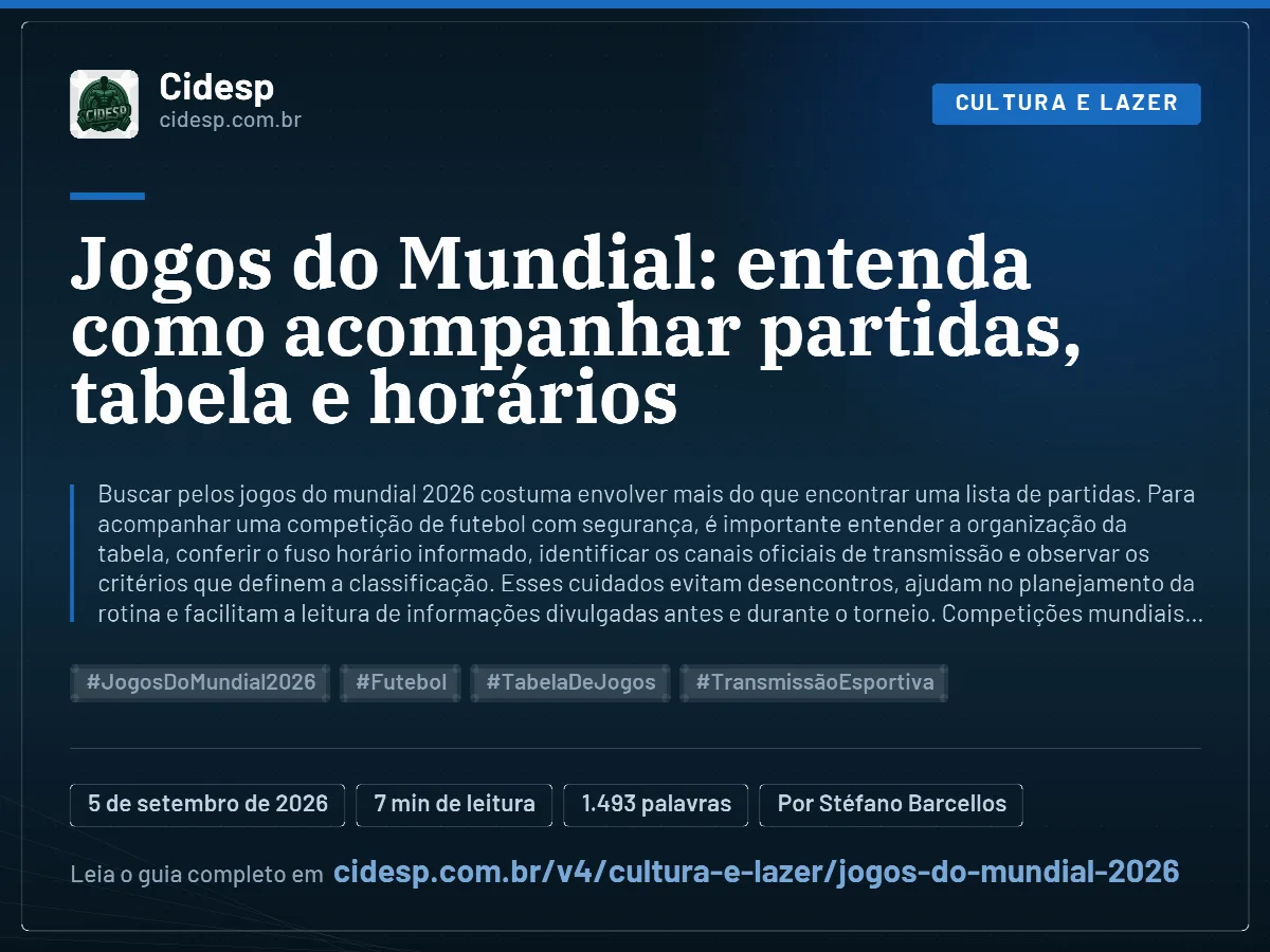 Cartão do artigo “Jogos do Mundial: entenda como acompanhar partidas, tabela e horários”, com resumo, data de publicação e endereço da página.